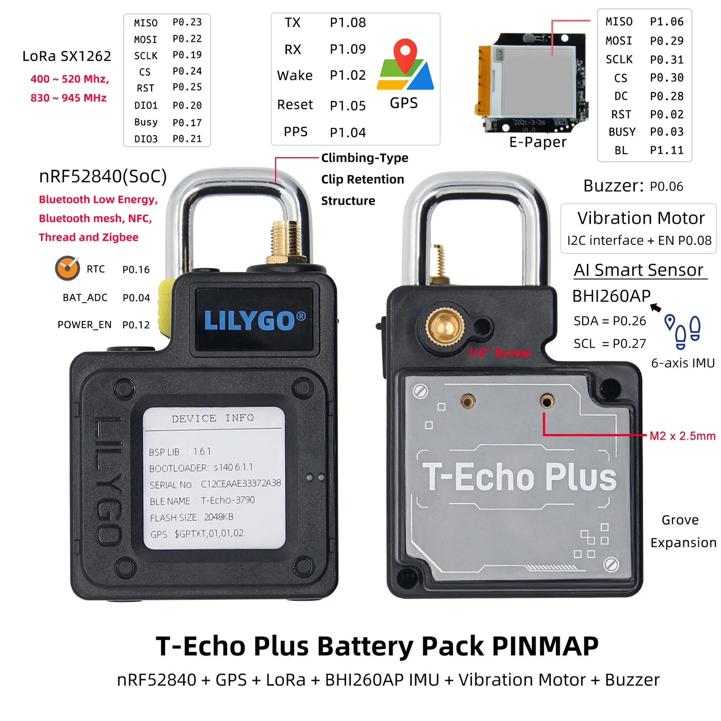 LILYGO  T-Echo Plus NRF52840 SX1262 LoRa GPS L76K E-Paper Display Module
